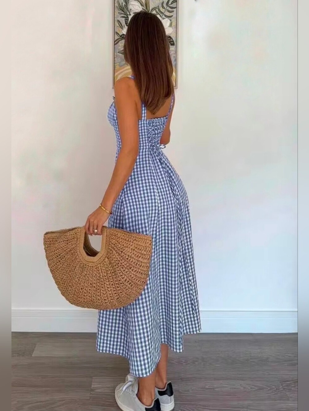 New Gingham Lace Up Back A Line Midi Dress Blue White Cotton - Picture 3 of 8